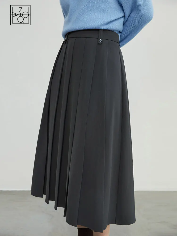 

ZIQIAO Women Grey High Sense Mid-Length Pleated Skirts Waist Button Design Long A-LINE Skirts Winter Thicken Women Skirts