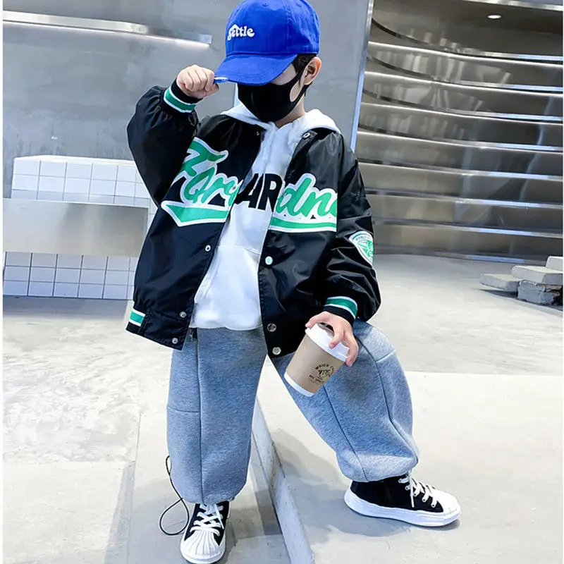 Teens Cotton Jacket Spring Teenager Casual Coat Kid Letter Hooded Zipper Children's Windbreaker Baby Boy Thin Coat Boys Clothes