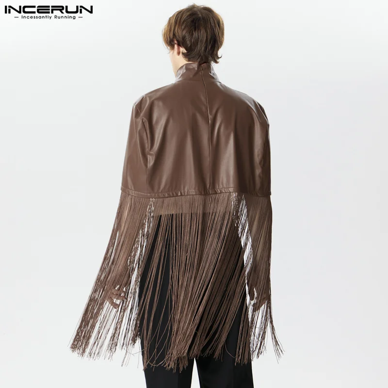 Handsome Well Fitting Tops INCERUN New Men Solid PU Leather Long Tassel Design Trench Casual Male Personality Cropped Cape S-3XL