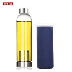 AIWILL Premium Glass Sport Water Bottle with Protective Sleeve - High Quality for Outdoor and Fitness Activities (Blue tea filter)
