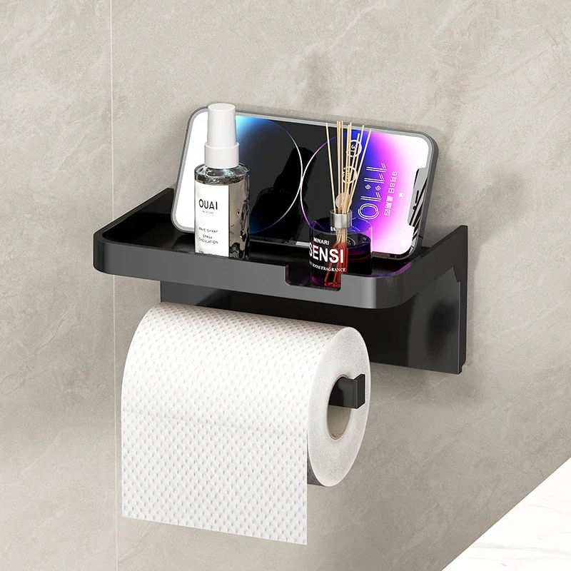 [Sleek Toilet Paper Holder] Durable Black Toilet Paper Holder with Shelf | Wall-Mounted Bathroom Tissue Dispenser
