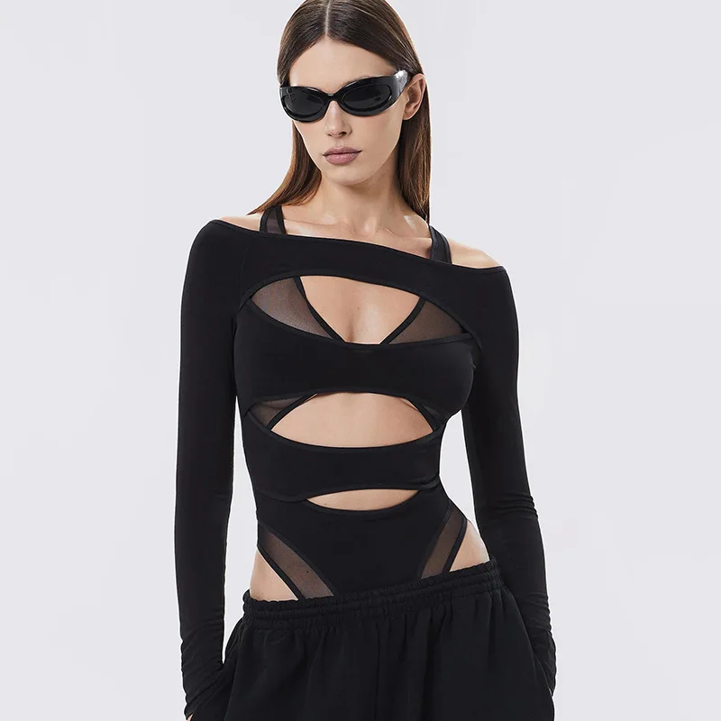 

Hollow Out Navel Exposed Solid Color Jumpsuit for Women's Fashion Long Sleeved Slim Fit Top Black White