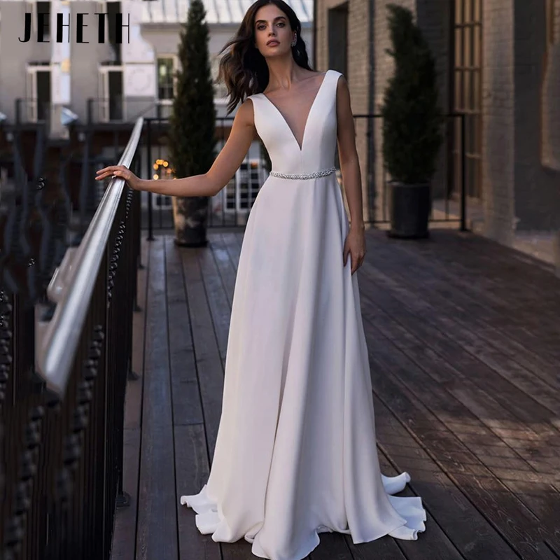 

JEHETH Simple A-Line Bridal Gowns Delicate Flower Belt Vestidos De Novia Elegant V-Neck Satin Bohemian Wedding Dresses For Women