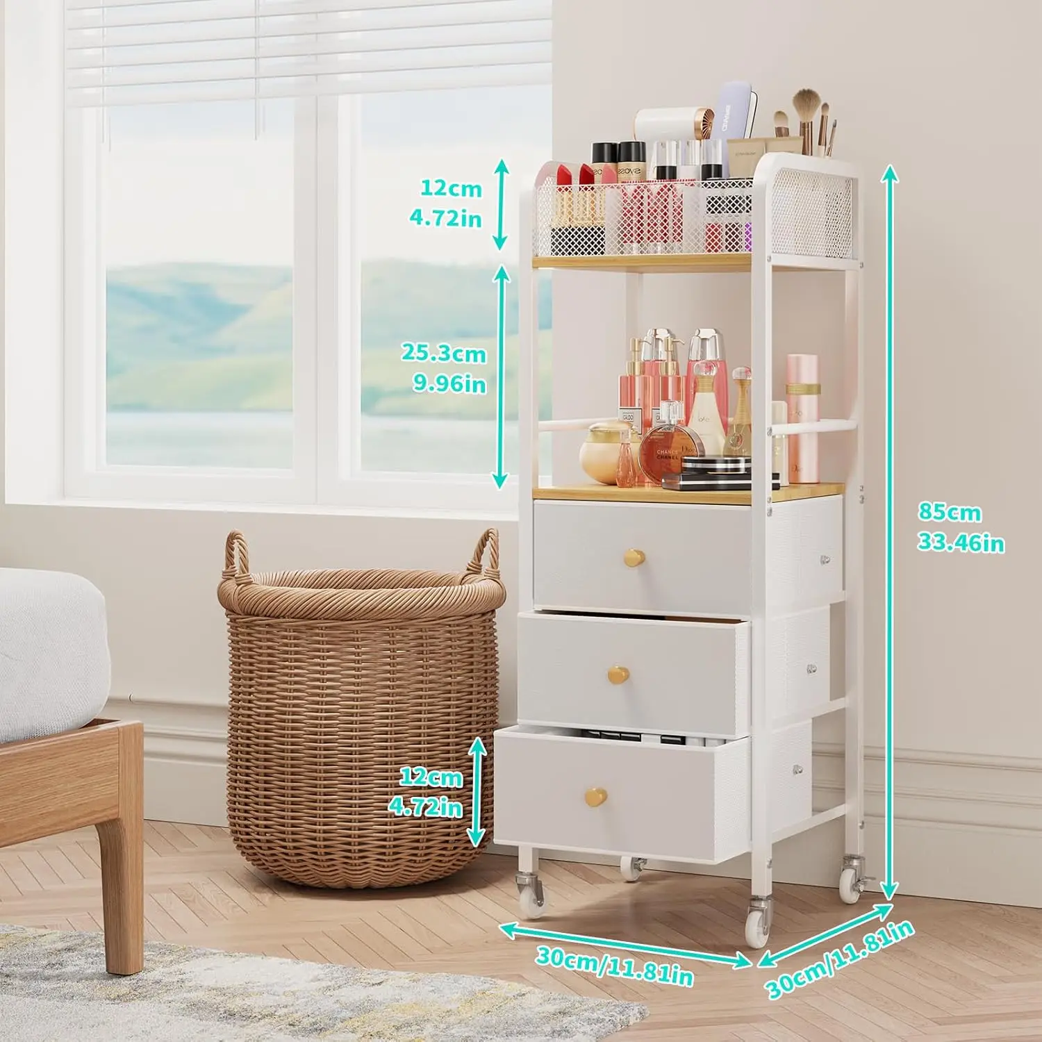 Rolling Makeup Cart Organizer - Floor Skincare Make Up Storage with 3 Drawers, Vanity Organizer Cosmetic Display Cases 6