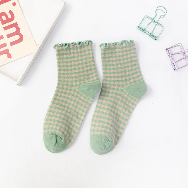 Frauen Socken Herbst Karierten Retro Vintage Baumwolle Socken Crew Bequeme Farbe Mode Socke Elastische Plaid Kurze Socken Frau Sox – Detail 16