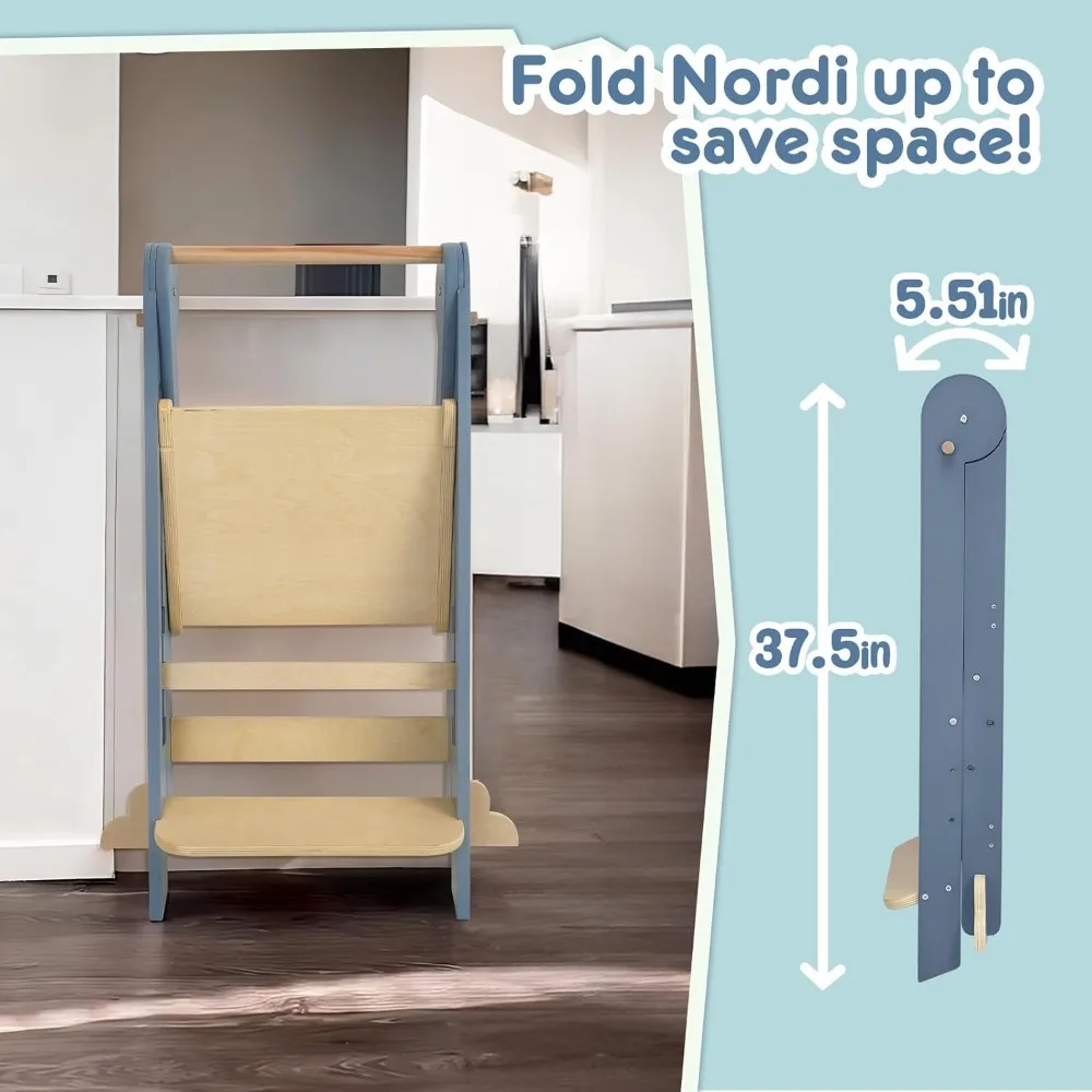 Foldable Toddler Kitchen Tower, Montessori Helper, Adjustable Heights for 18-48 Months, Grey