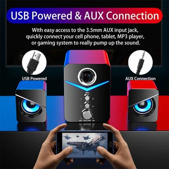 Alternative view of USB Computer LED Speakers System Subwoofer Stereo Bass Control for Desktop Laptop PC Portable Loud Speaker