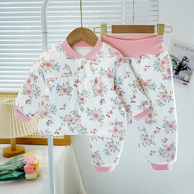 Baby Girsl Winter Coat Suit Clothes Floral Outfit Set Children's Outerwear Jacket Tops +Pants 2PC 0-8Yeas