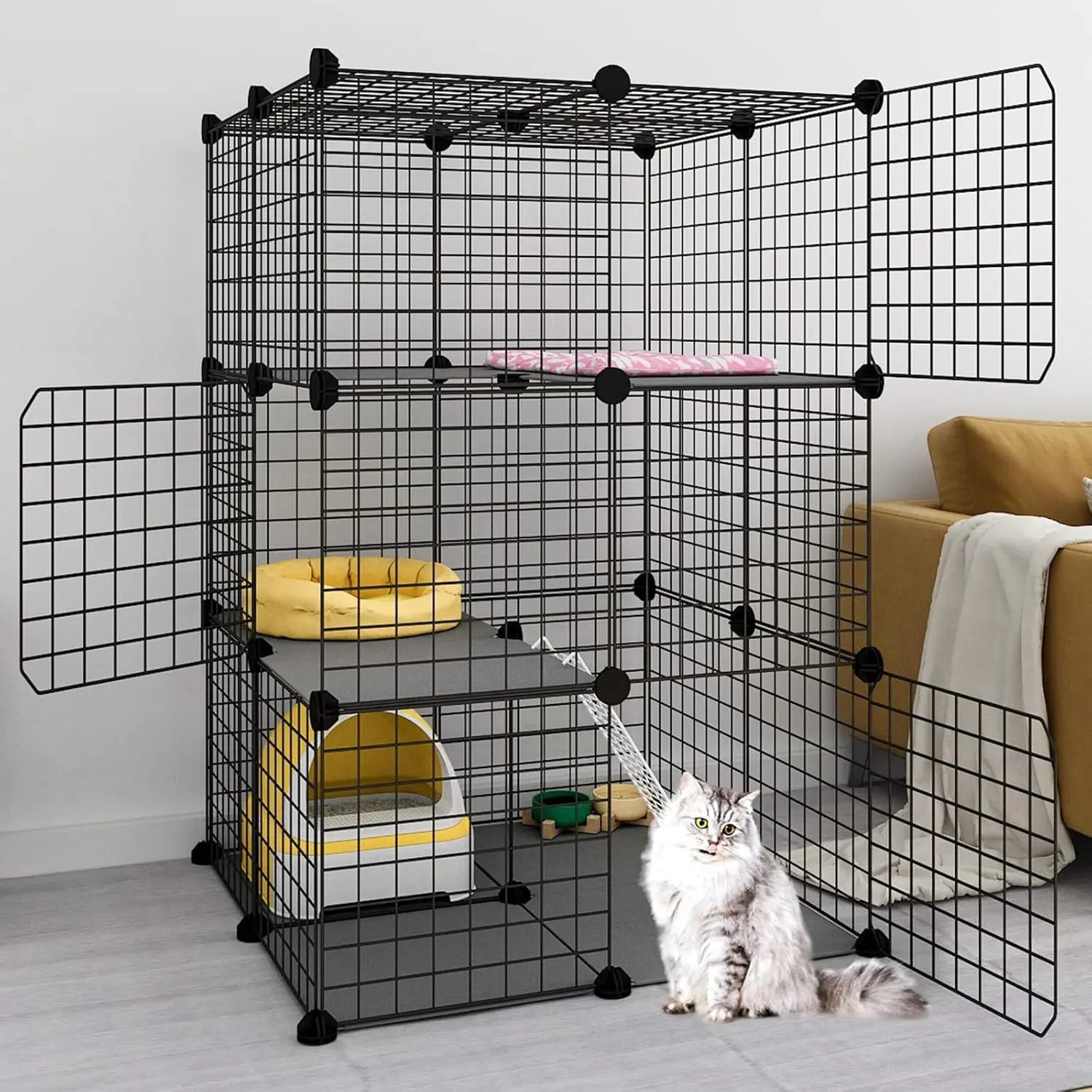 3 Tier Cat Cage Indoor Enclosure DIY Cat Playpen Catio Detachable Metal Wire Kennels Crate Large Exercise Place Ideal