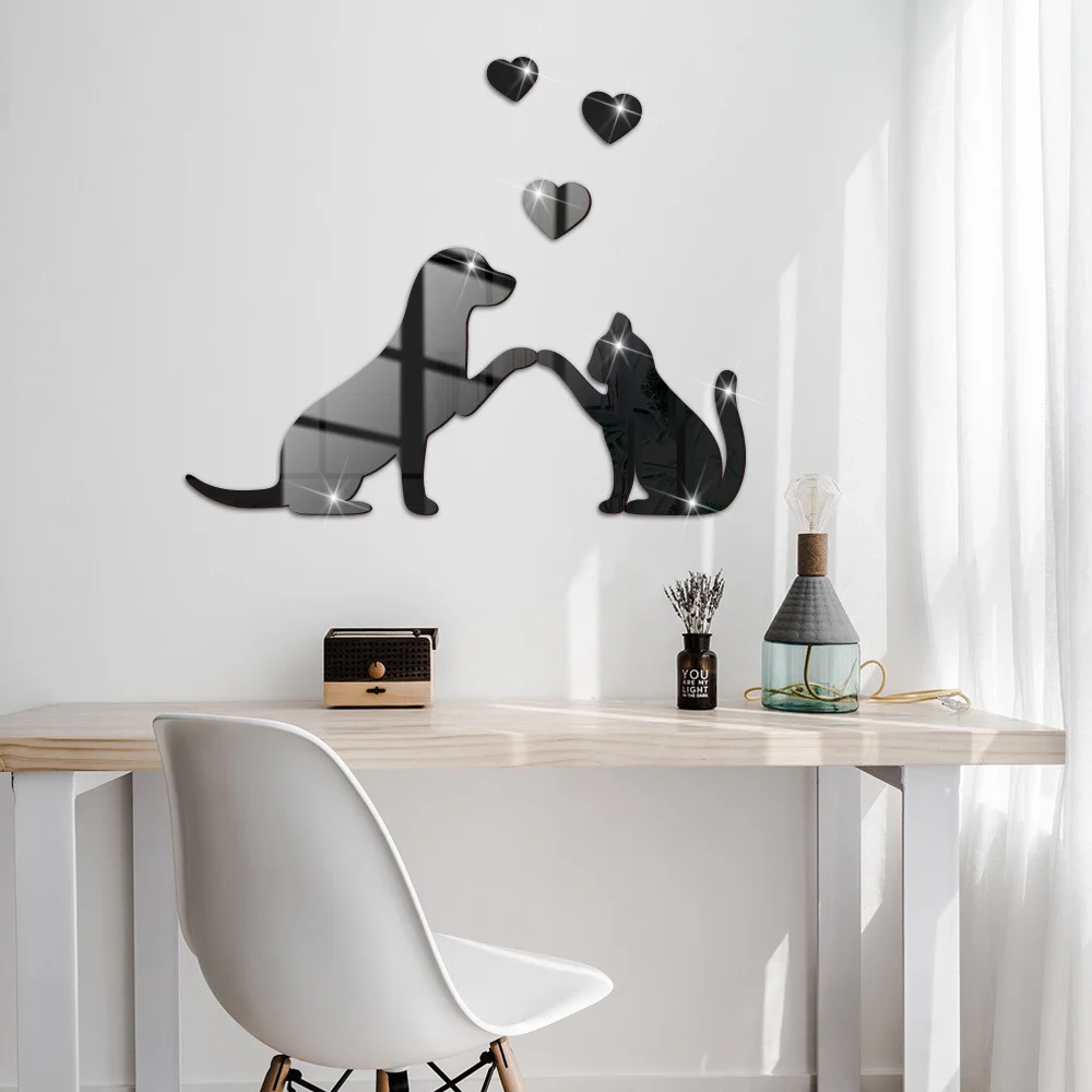 DIY Love Cat Dog Acrylic Mirror Wall Sticker Cartoon Paste Self-adhesive Living Room Bedroom Bathroom Decoration Wall Decor