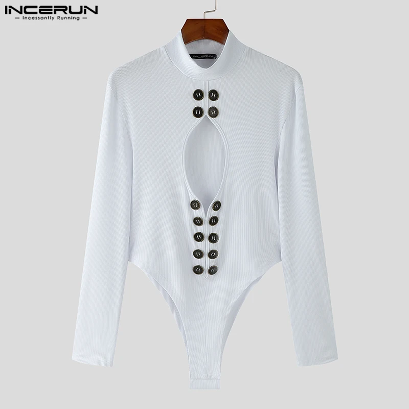 Men Bodysuits Jumpsuit American Style Hollowed Button