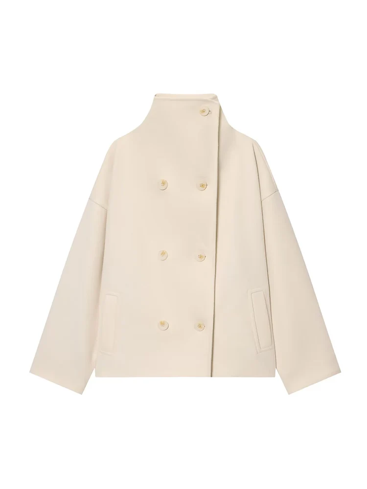 New Women Stand Collar Winter Woolen Coats Double Breasted Loose Long Sleeve Jacket Female Street Turtleneck Short Coats