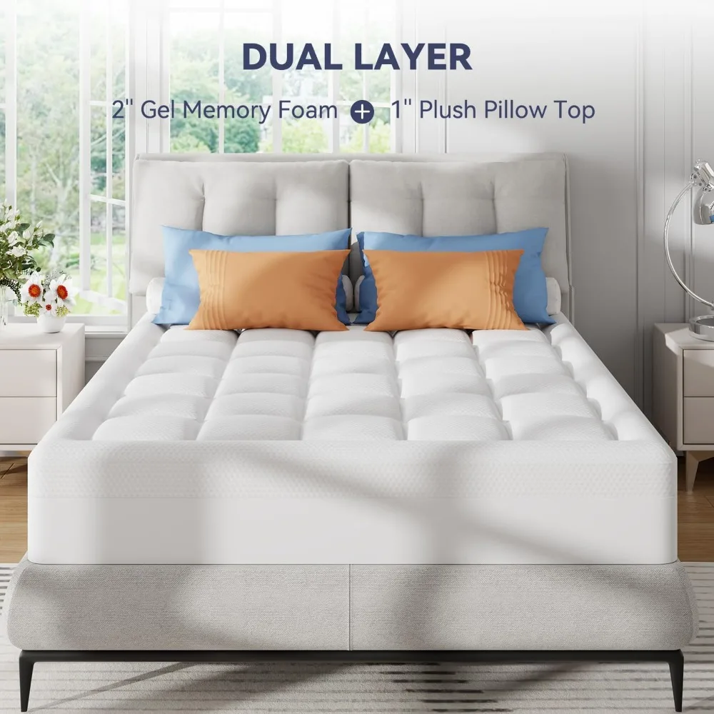 Dual Layer Memory Foam Mattress Topper , Cooling Gel Memory Foam Plus Down Alternative Pillowtop Mattress Padwith Cooling Cover