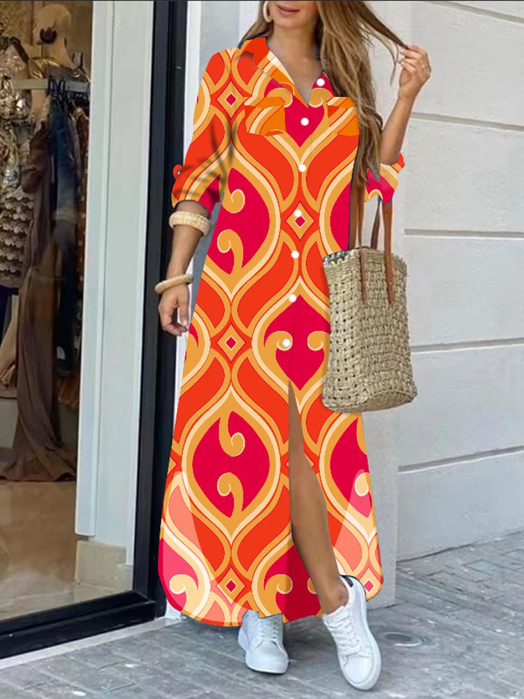 

2023 Autumn Fashion Lapel Long Sleeve Shirt Dress Casual Loose Contrast Print Single-breasted Maxi Dresses For Women Robe Longue