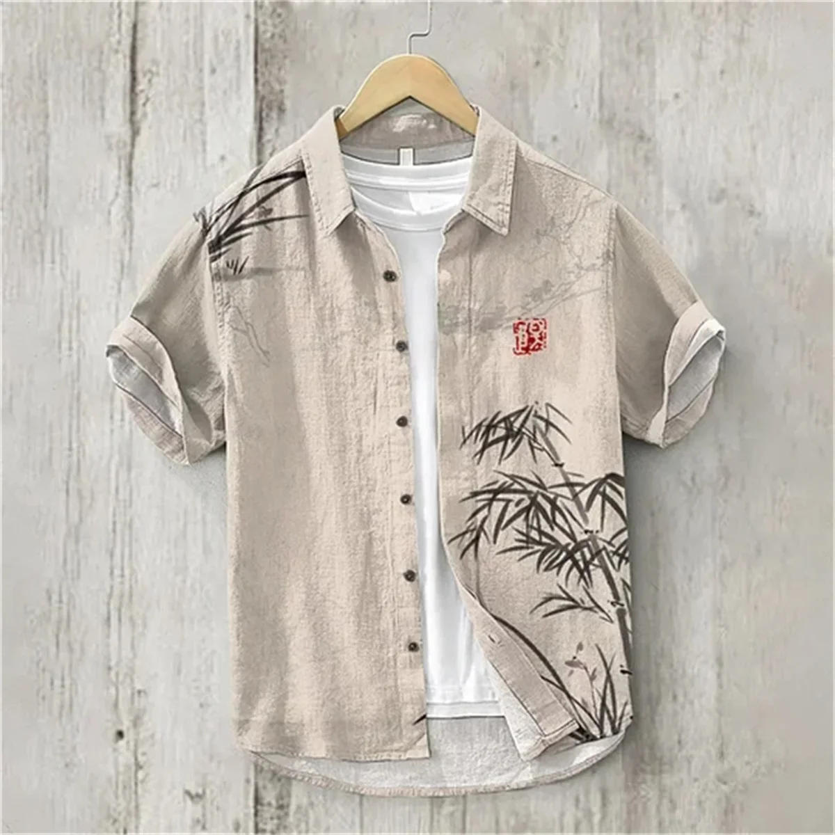 Linen Shirt for Men, 3D Print, Retro Japanese Art, Short Sleeve, Flip Collar, Casual Hawaii, Loose Beach Top, Pond, Fish, New,