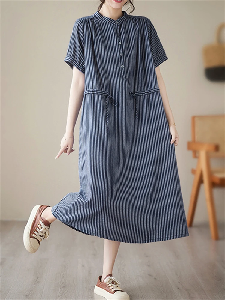 Cotton Vintage Striped Dresses Women 2025 New Summer Casual Loose Short Sleeve Dress Femme Robe Vestidos Elegant Fashion Clothes