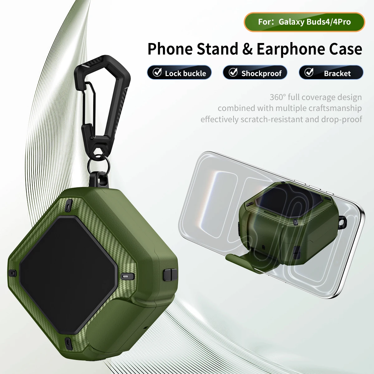 Compact Shockproof Carbon Fiber Earbuds Case with Carabiner & Security Lock