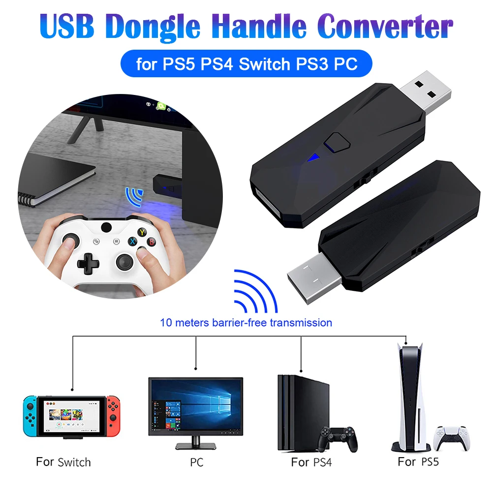 Convertisseur de contrôleur compatible Bluetooth avec bouton d'appairage,  LED, adaptateur USB sans fil pour PS5