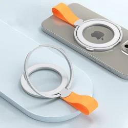 Magnetic Phone Stand and Grip with Finger Ring (Silvery - Orange Strap)