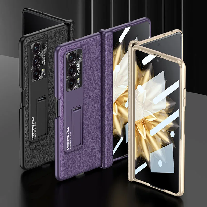 All-included Plain Leather Case For Honor Magic V2 Magnetic Hinge Case Shockproo