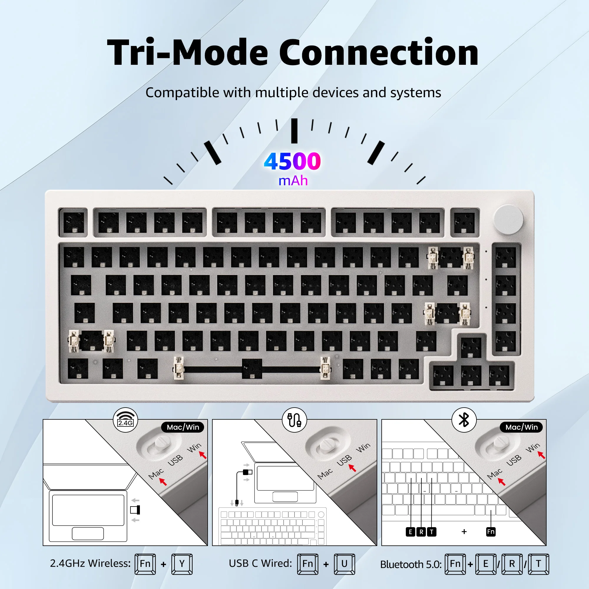 Akko 5075B VIA 키트 75% RGB 3/5 핀 핫 스왑 유선, 2.4G, BT 5.0 무선 맞춤형 기계식 게이밍 키보드 키트, 손잡이 가스켓 포함