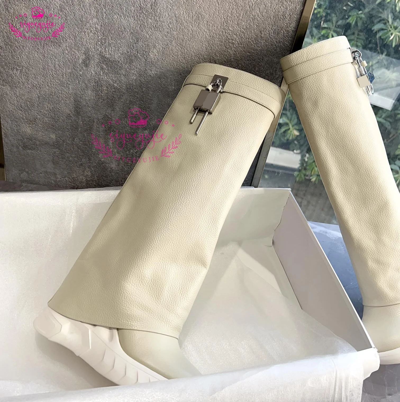 Lock Decor Denim Shark Boots Fashion Thick Bottom Zip Knee High Boots Wedges High Heels Long Boots Women Shoes Plus Size 44
