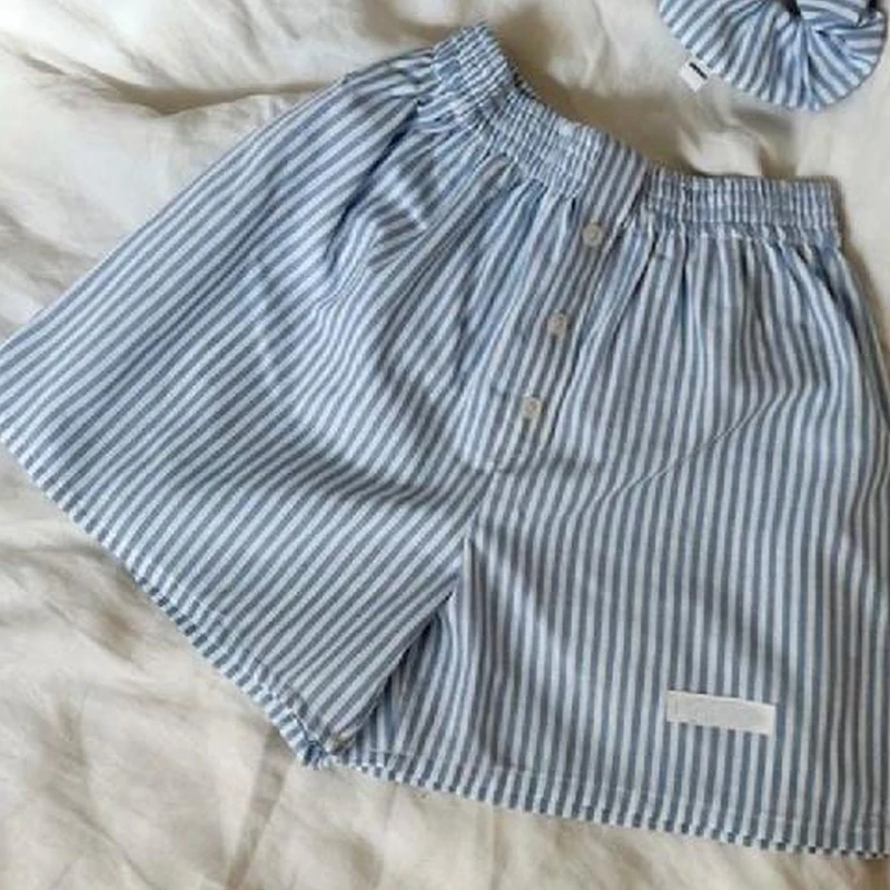 

Trendy Outfits Women Lounge Boxers Shorts 00s Retro Y2K Aesthetic Striped Shorts Bottom Cottage Fairycore Button Loose Shorts