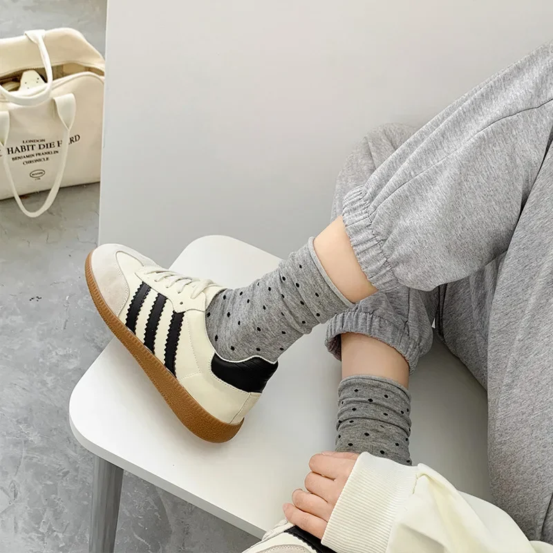 5 Pairs Women's Spring Socks – Cream Vintage Polka Dot Mid-Tube Rolled Edge Socks, Thin Artistic Summer Socks