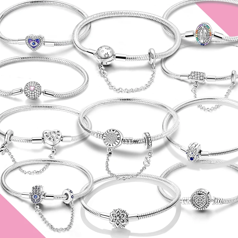 925 Silver Snake Chain Clasp Bead Bracelets Fit Charms DIY Jewelry Women