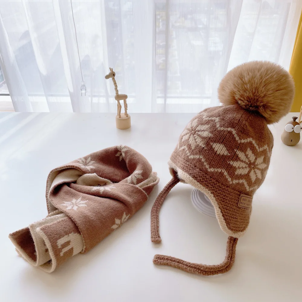 

Winter Baby Hat Scarf Set Christmas Fur Ball Children Cap for Girls Boys Pompom Kids Beanie Hats Child Gift New Year 2-8Y