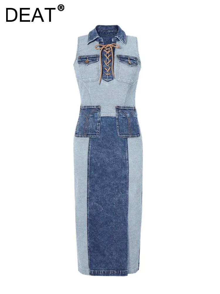 

DEAT Women's Denim Dress Sleeveless Deconstructed Contrasting Color Patchwork Drawstring Dress 2024 Spring New Fashion 29L6706