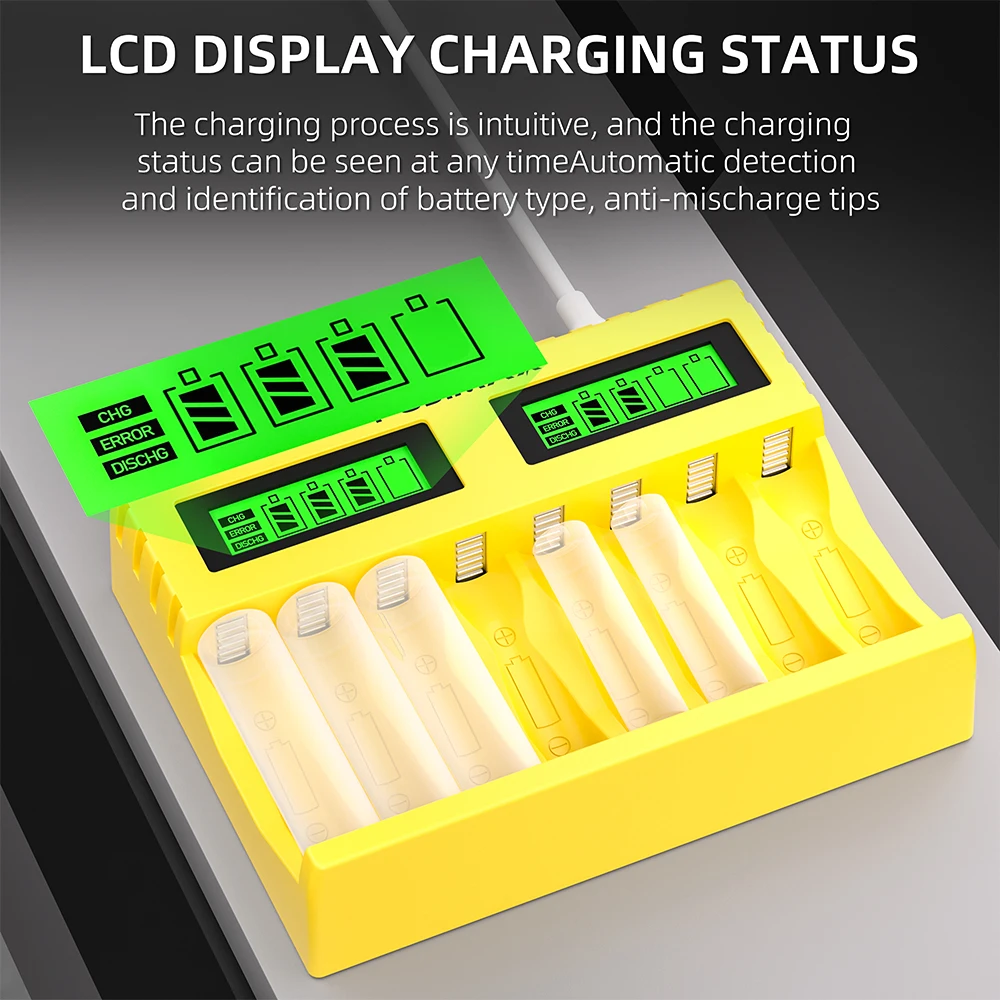 Universal Smart Battery Charger with LCD Display and USB Type-C Connection for AA and AAA Ni-MH Batteries, 8-Slot Capacity