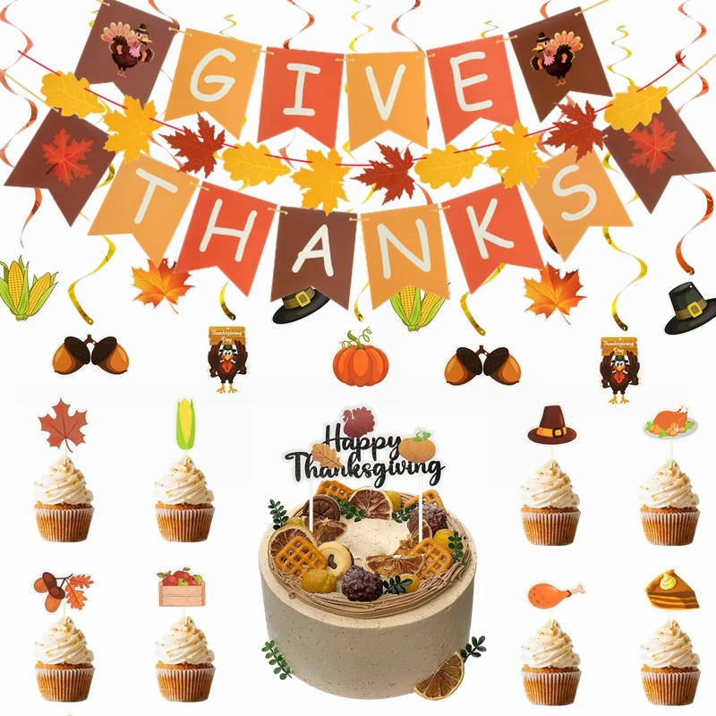 

Thanksgiving Day Decorations Give Thanks Autumn Leaves Maple Paper Garland Thanksgiving Party Holiday Home DIY Cake Topper Decor