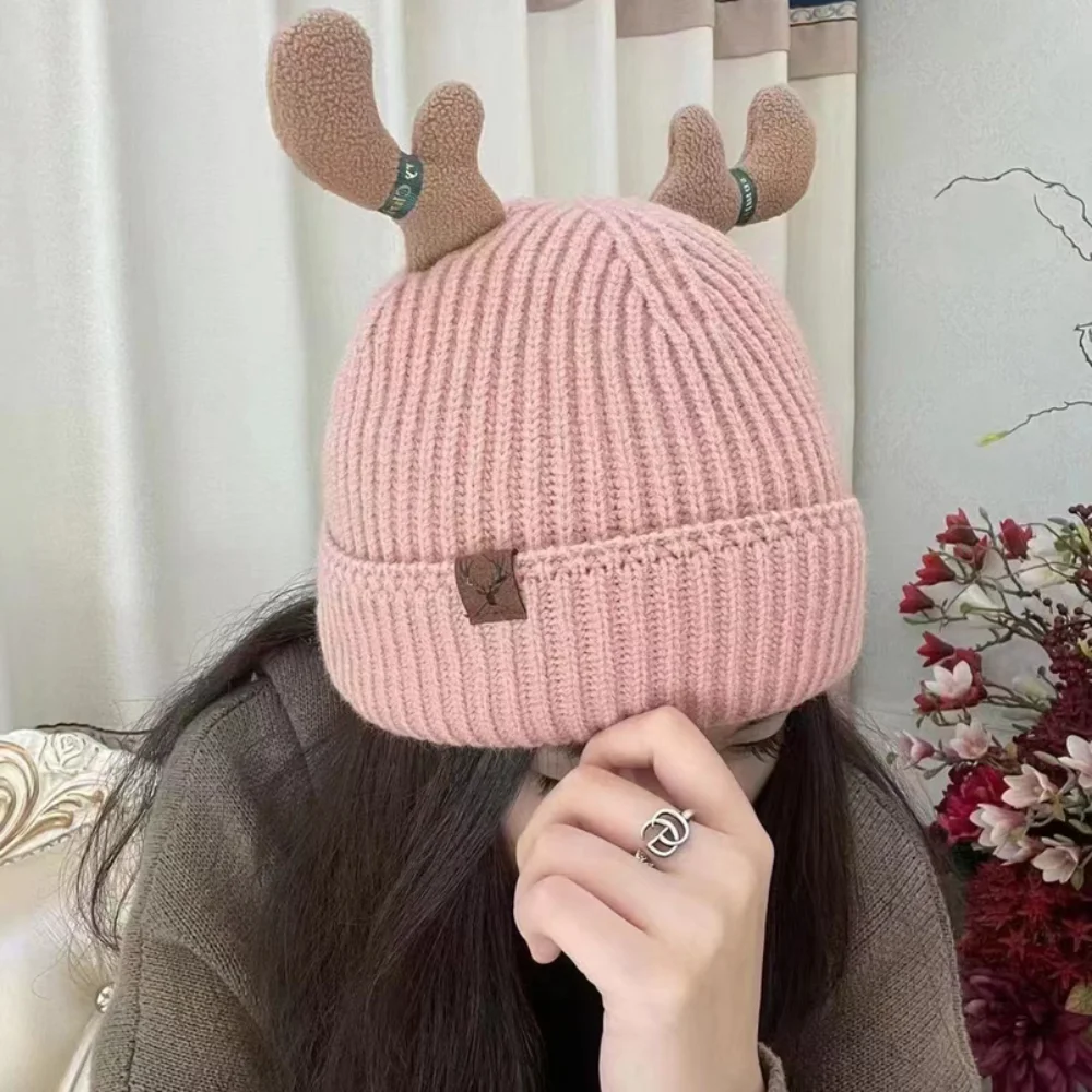 

Christmas Hat for Women Cute Cartoon Antlers Woollen Knitted Hats Winter Warm Skullies Beanies Stretch Winter Hats for Women New