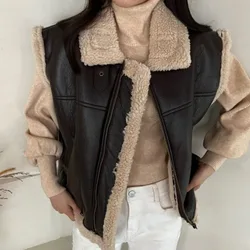 Women's Winter Retro Short Faux Fur Jacket Sleeveless Vest Coat Zip Up Lamb Wool Overcoat Warm Outerwears Tops 2023