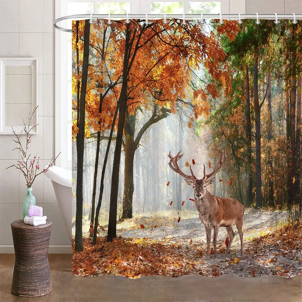 

Осенние занавески для ванной комнаты с оленем в оранжевом кленовом лесе, Осенние занавески из полиэстера с природным ландшафтом для отдыха, занавески для ванной комнаты, декор для ванной комнаты