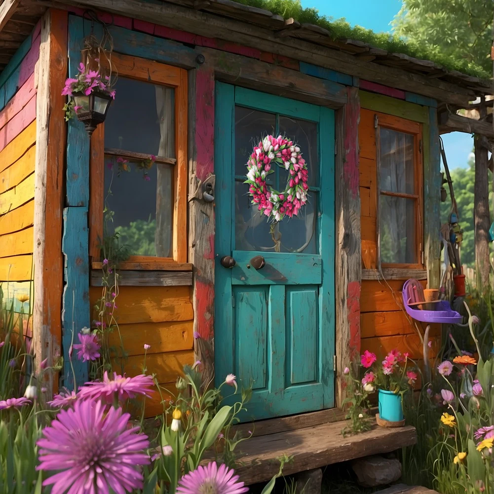 15.7inch Tulip Wreath Artificial Flower Wreath with Tulips Mothers Day Valentine's Wreaths for Wall Window Party Wedding Decor