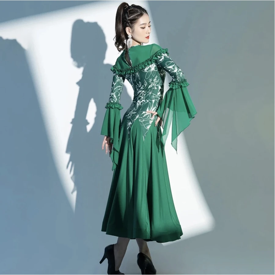 Green Black Bell Sleeve Ballroom Dance Performance Dress For Adult Women Female Expansion Skirts Tango Waltz Dress