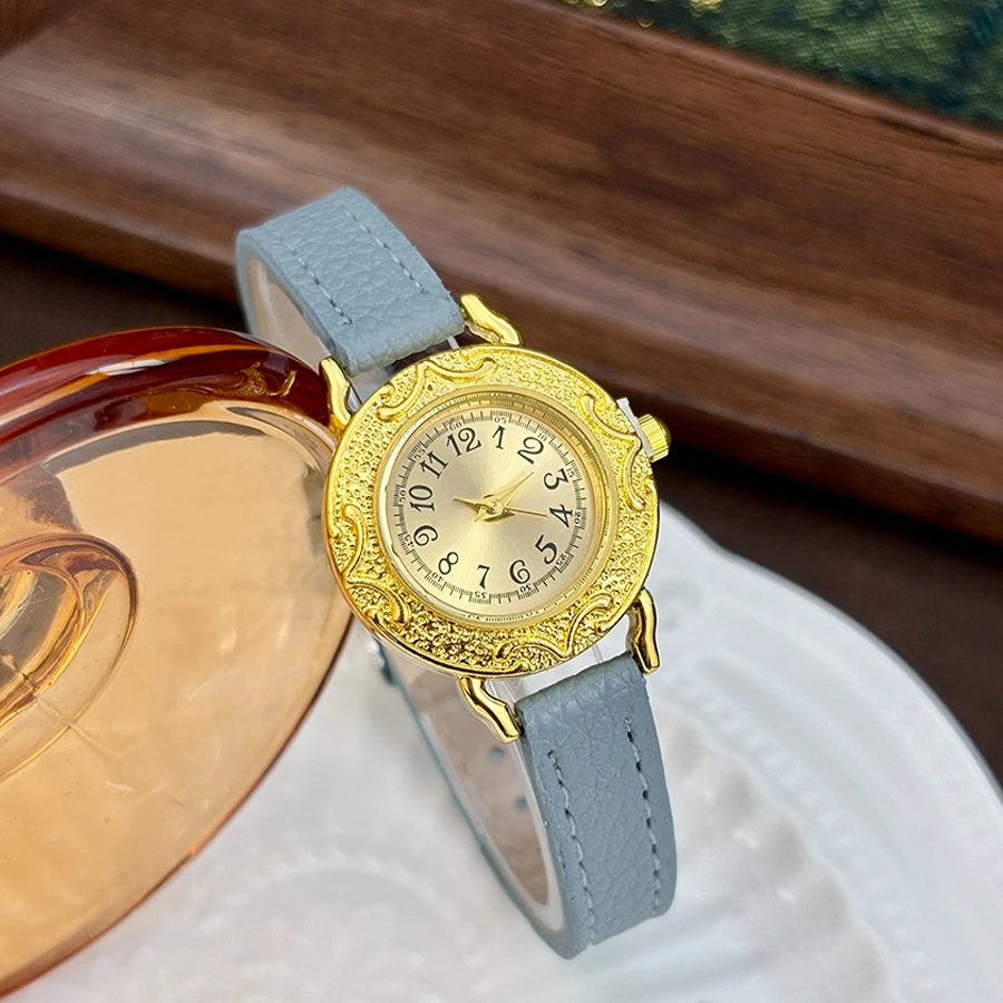 Women's Retro Leather Wrist Watch with Slim Gold Strap and Round Dial