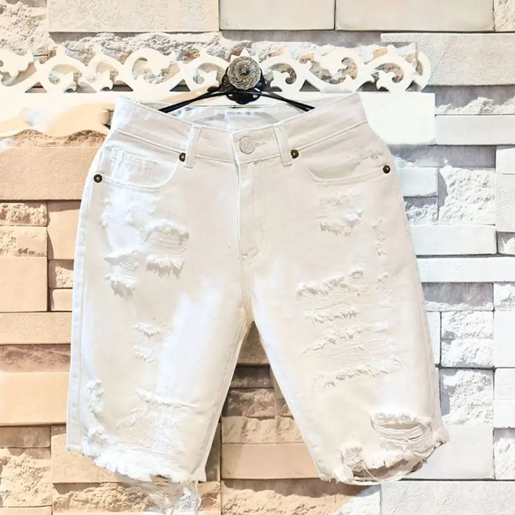 Men's White Jeans Shorts All-match Fashion Ripped Hole Slim Stretch Shorts Streetwear Hip Hop Denim