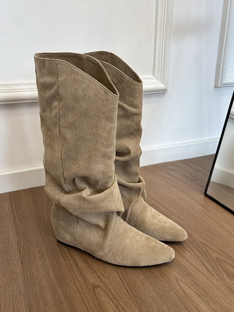 Fashion Pleated Woman Knee-High Boots Pointed Toe Internal Elevation Shoes Street Style Mordern Long Botas Mujer 2025 New