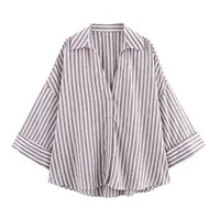 Summer Women's Curled Wide Sleeves Linen Blended Striped Asymmetric Casual Shirt Versatile Collar Linen Blended Printed Shirt - Image 2