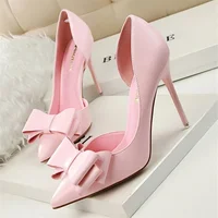 Spring Party Elegant Pink Butterfly-Knot High Heels Women Fashion Wedding Dress Pumps Side Hollowed Stiletto Shoes