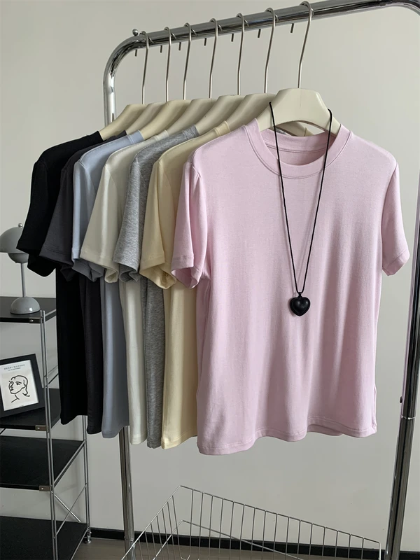 Silk Short Sleeve Women's Summer Round Neck Wool Outerwear T-shirt Slim Fit Base Shirt