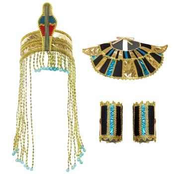 Egyptian Pharaoh Costume Accessories Headdress Collar Arm Sleeves Belt Set Halloween Ancient Rome Cleopatra Cosplay Clothing