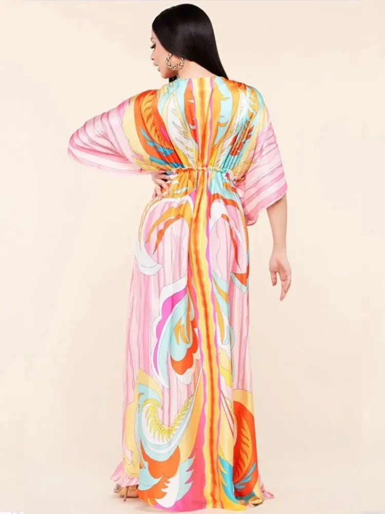 Bikini Cover-ups Boho Print Long Dress Self Belted Beach Tunic Summer Women Beach Wear Swim Suit Cover Up beach cover swimsuit cover