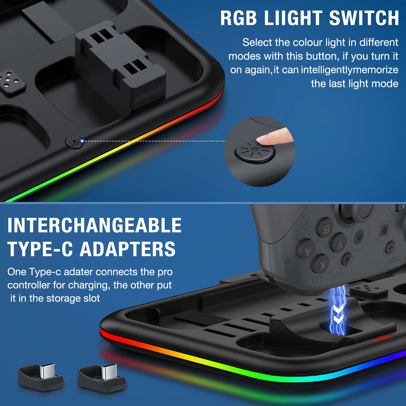 BEBONCOOL SC100 RGB 충전 도킹 스테이션 Nintendo 스위치/스위치 OLED Joycon/Pro 컨트롤러 충전기 게임 카드 보관
