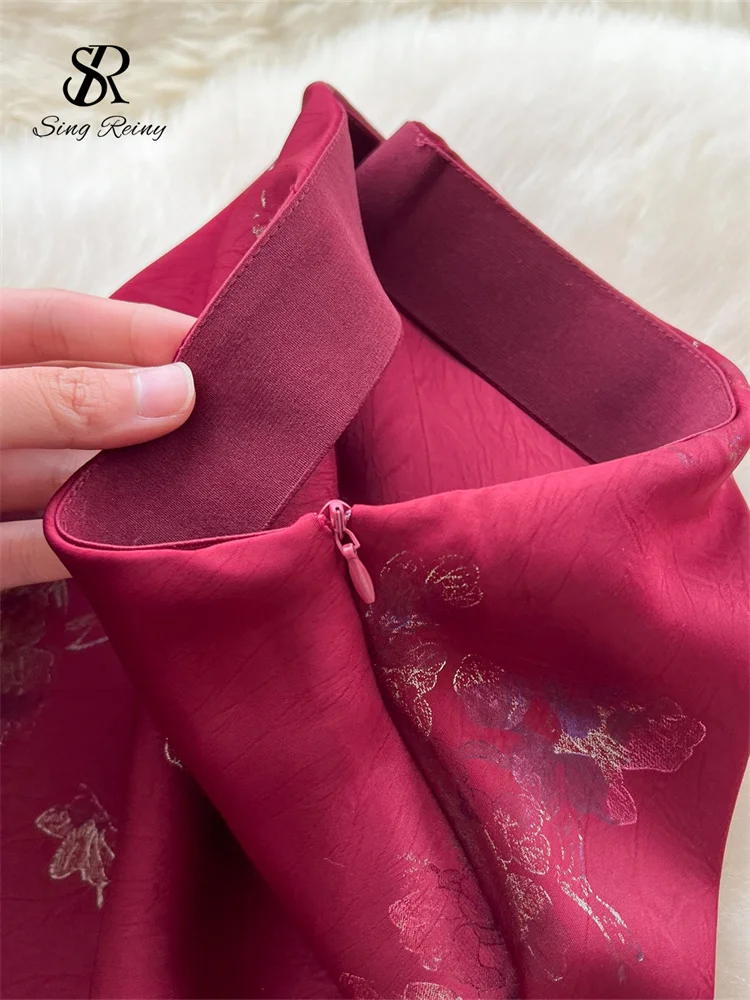 SINGREINY Senior Women Long Skirt Floral Gold Stamping Zipper Design Summer France Elegant Vintage Basics Satin A Line Skirt 6