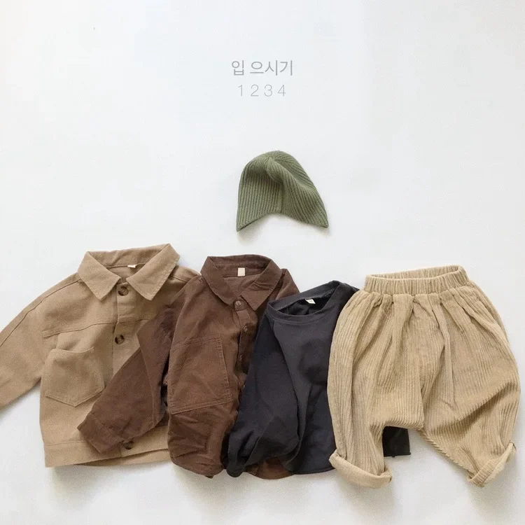 Korean Autumn Winter Kids Boys Coat Long Sleeve Solid Buttons Pocket Children Boys Jacket Vintage Polo Toddler Coat
