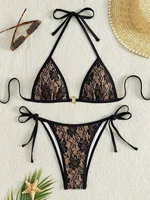 Embroidery Mesh Lace Halter High Cut Bikini Female Swimsuit Women Swimwear Two-pieces Bikini Set Bather Bathing Suit Swim Beach